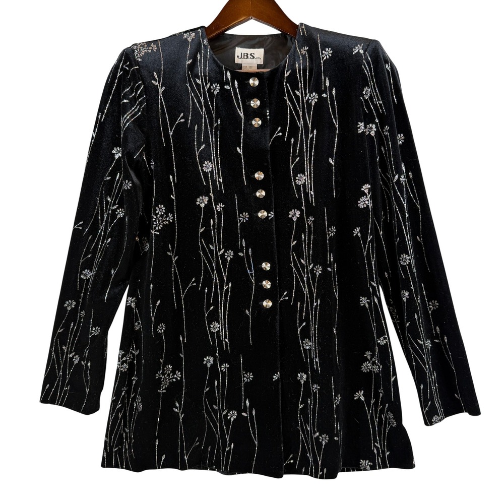 VINTAGE JBS LTD Women's M Black Velvet Jacket Silver Floral Metallic Glam Party